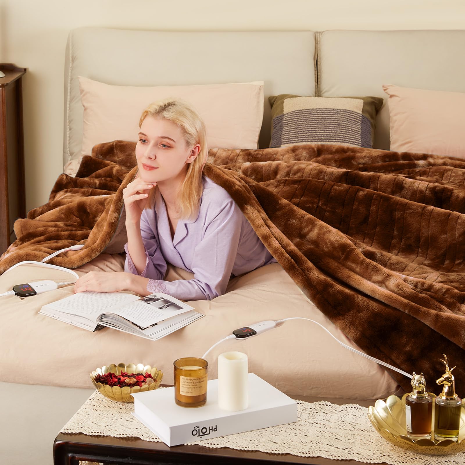 MAXEVE Electric Heated Blanket 84"x 90" Rabbit Faux Fur Queen Blanket with Dual Controllers 6 Heating Levels & 10H Auto Off, Fast Heating Warm Sherpa Washable Blanket with ETL Certification, Brown