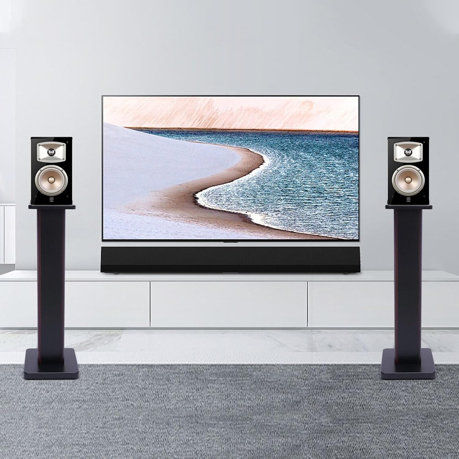 1 Pair Universal Wood Design Speaker Stands, Premium Surround Sound Home Theater Audio Stands, Bookshelf Speakers or Studio Monitors Stands (28" - Black Walnut)