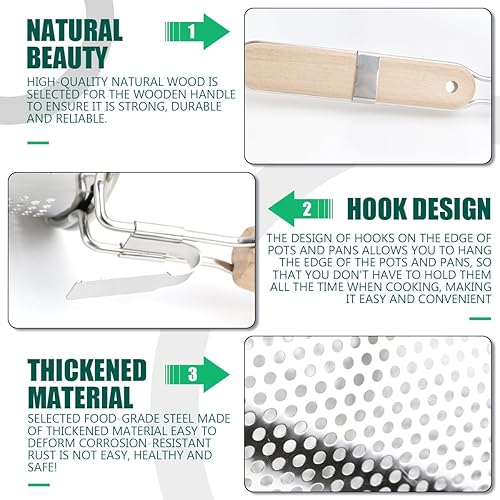 Miniatura 3 de Colador de cocina multiusos de acero inoxidable con mango de madera, colador de cocina para colar, freír, cocinar al vapor y cocinar (7.1 in)