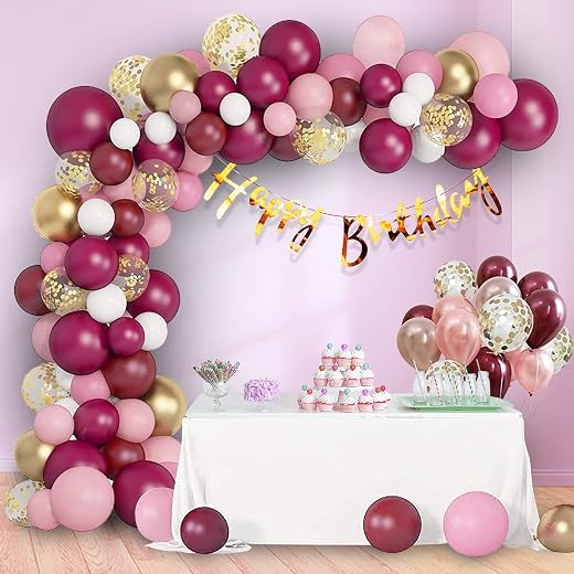 Party Propz Happy Birthday Decoration Items for Girls-63Pcs Burgundy Balloons for Decoration | Pink Birthday Balloons for ...