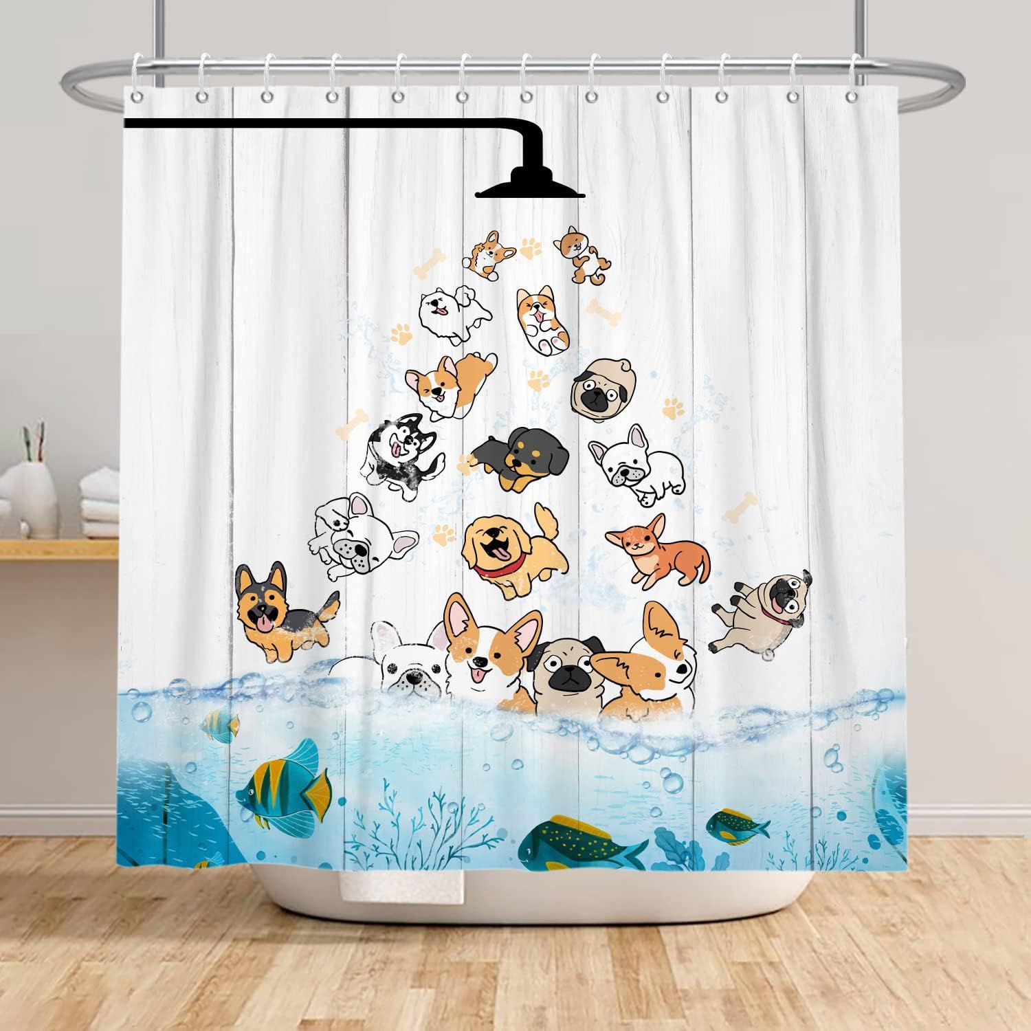 Cute Dog Shower Curtain for Kids Children Cartoon Animal Pattern Colorful Funny Pets Paw Bathroom Waterproof Fabric Polyester Accessories 12 Hooks Included 72x72 Inch