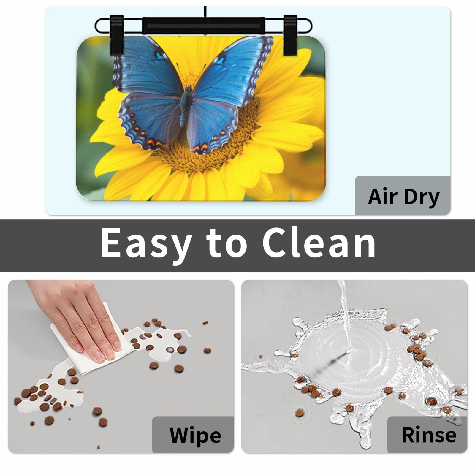 Futtermatte für Haustiere, Motiv: Sonnenblumen-blauer Schmetterling, saugfähig, PU-Leder, für Hunde und Katzen, schützt den Boden, rutschfeste Gummi-Unterseite, leicht zu reinigen, 40 x 60 cm