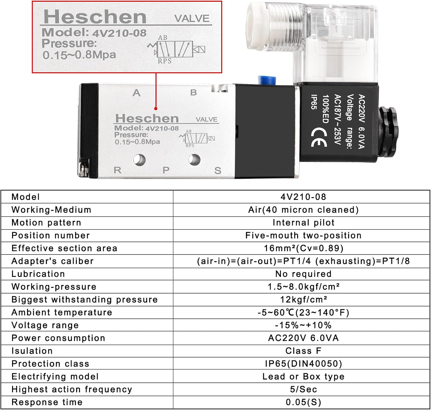 Heschen Electrical Pneumatic 6 Solenoid Valve, 4V210-08, AC220V Coil, PT1/4'' Port, 5 Way 2 Position, Manifold Base, Muffler, Quick Fittings Set
