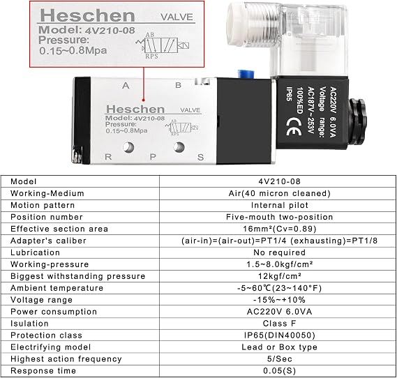 Heschen Electrical Pneumatic 6 Solenoid Valve, 4V210-08, AC220V Coil, PT1/4'' Port, 5 Way 2 Position, Manifold Base, Muffler, Quick Fittings Set