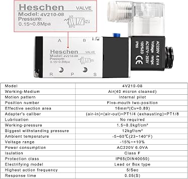 Heschen Electrical Pneumatic 6 Solenoid Valve, 4V210-08, AC220V Coil, PT1/4'' Port, 5 Way 2 Position, Manifold Base, Muffler, Quick Fittings Set