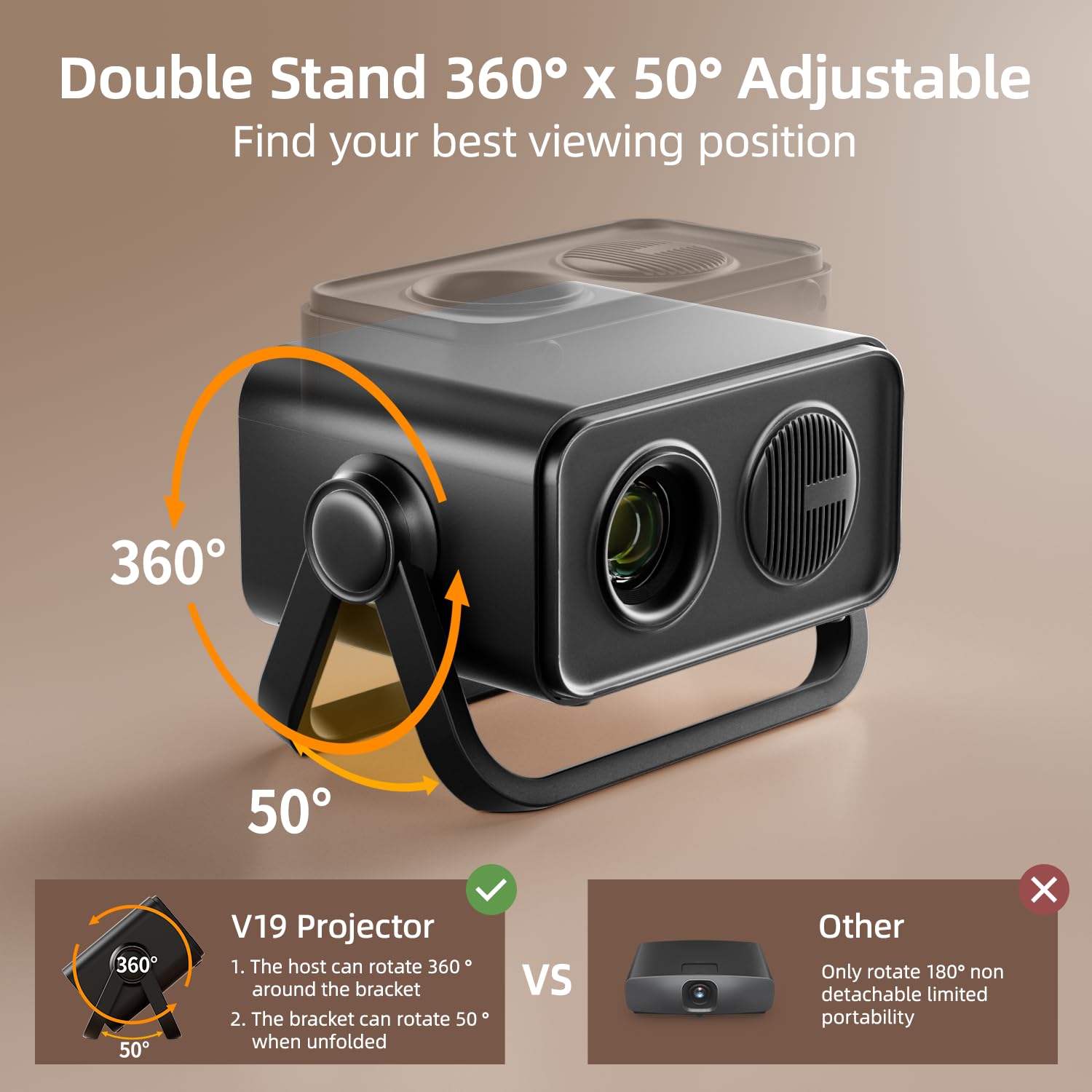 BKZ 2025 Mise à jour 360° Réglable Double Support AI Auto Keystone Electric Focus Mini Projecteur Portable avec Bluetooth 5.4, Support 1080P Projecteur de Film en Plein Air Dernière Intervention