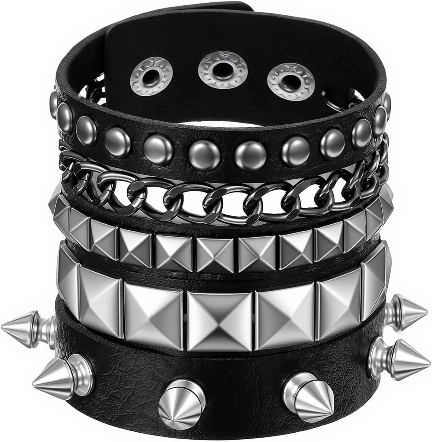 TIESOME 3 PCS Punk Rock Studded Bracelets Set, Spiked Leather Cuff Bracelets for Women Men 80s Emo Goth Jewelry Wristband Accessories Adjustable Wrap Wrist Cuffs for Halloween Party Favors