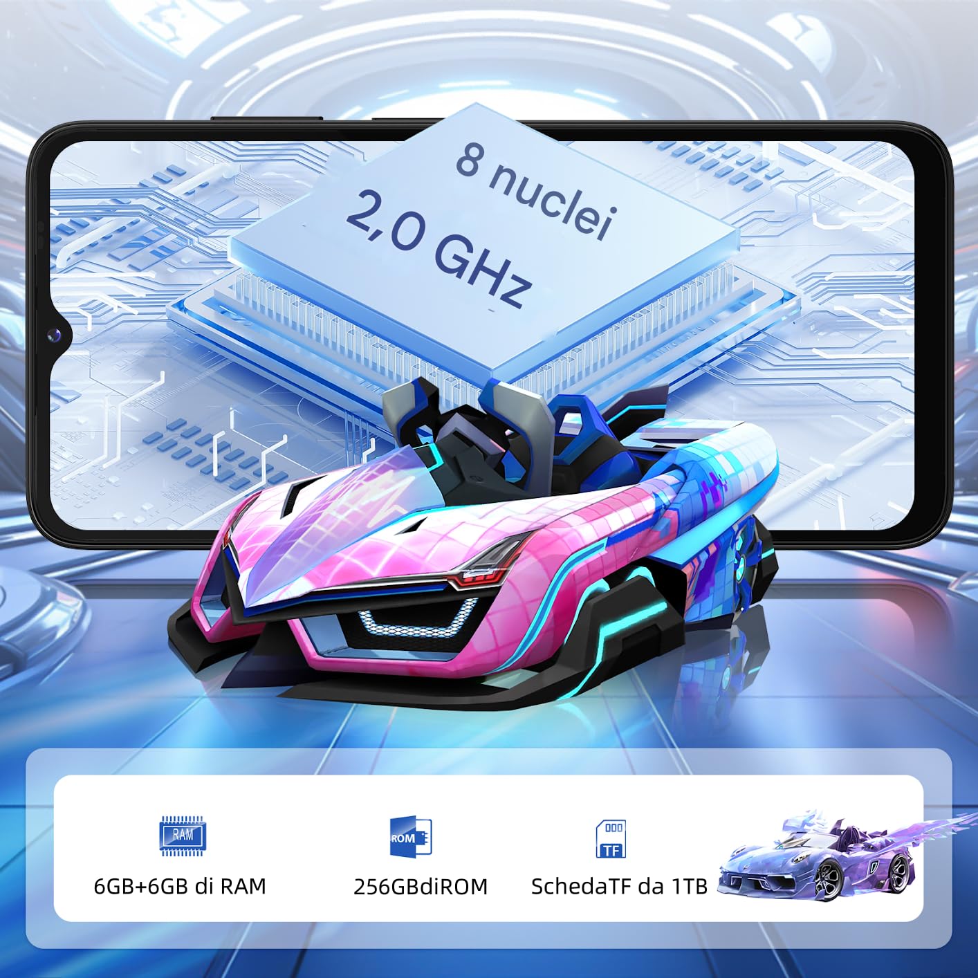 redbeat E3 Gaming Phone Android 14 Smartphone Sbloccato - 1.6GHz Processore Octa-Core 6.6" HD 12GB RAM 256GB ROM (1TB Espandibile),5000mAh Battery,4G LTE Dual SIM,50MP Camerca Telefono Blu