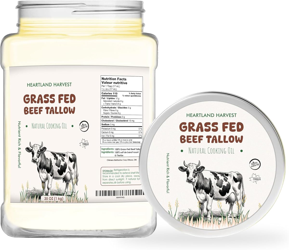 Pure Canadian Beef Tallow (32 oz / 1kg) | Premium Cooking Fat for High-Heat Frying, Roasting & Flavorful Baking Recipes | Product of Canada by Heartland Harvest
