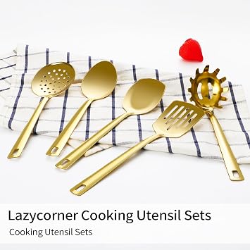Lazycorner Cooking Utensil Set 11 Pcs Stainless Steel Kitchen Utensils Set Wok Utensils Kitchen Tool Set Spatula Set Heat Resistant Metal Kitchen Tools Ergonomic HandleEasy to Clean Dishwasher Safe