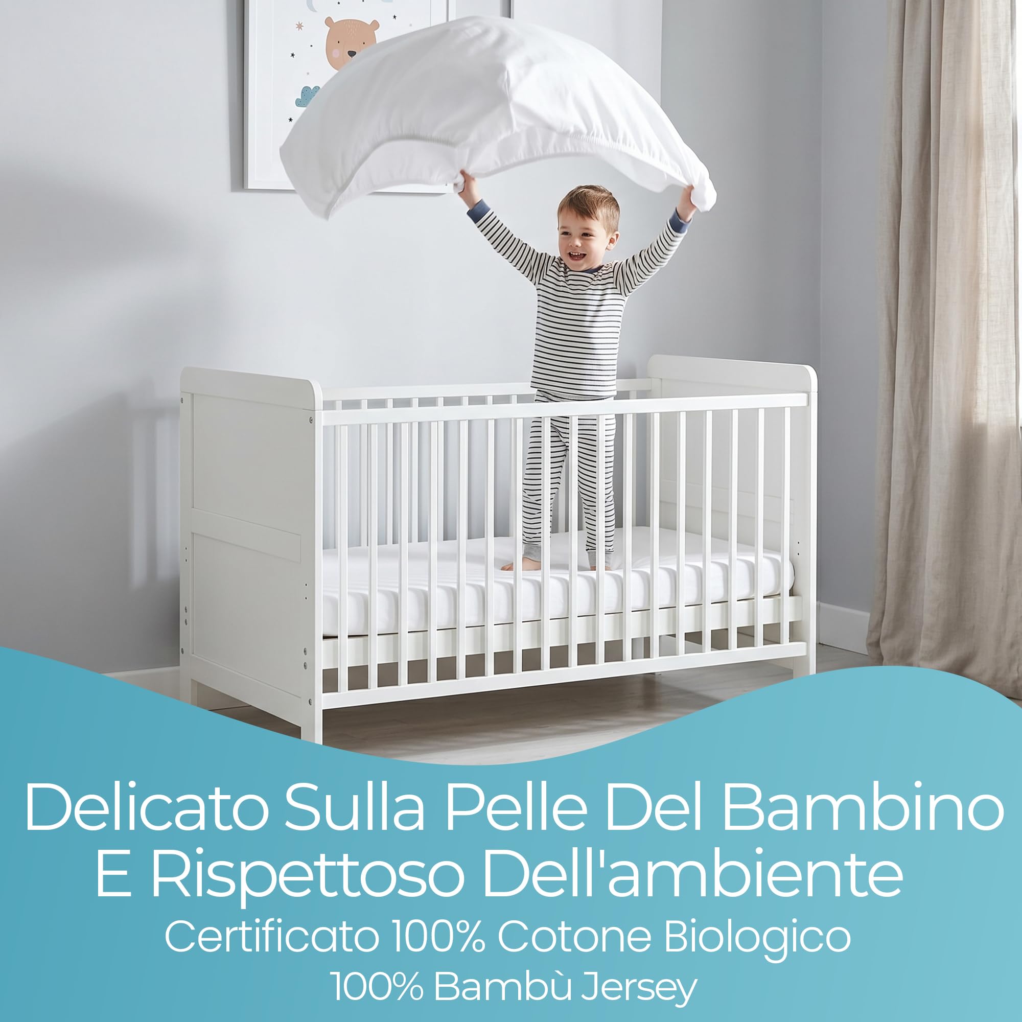 Comfier Sleep Set 3 Pezzi Con 2 Lenzuola Lettino Neonato 60x120 100% Cotone Con Angoli Biologico e 1 Coprimaterasso Lettino 60x120 100% Bambù Impermeabile, Bianco