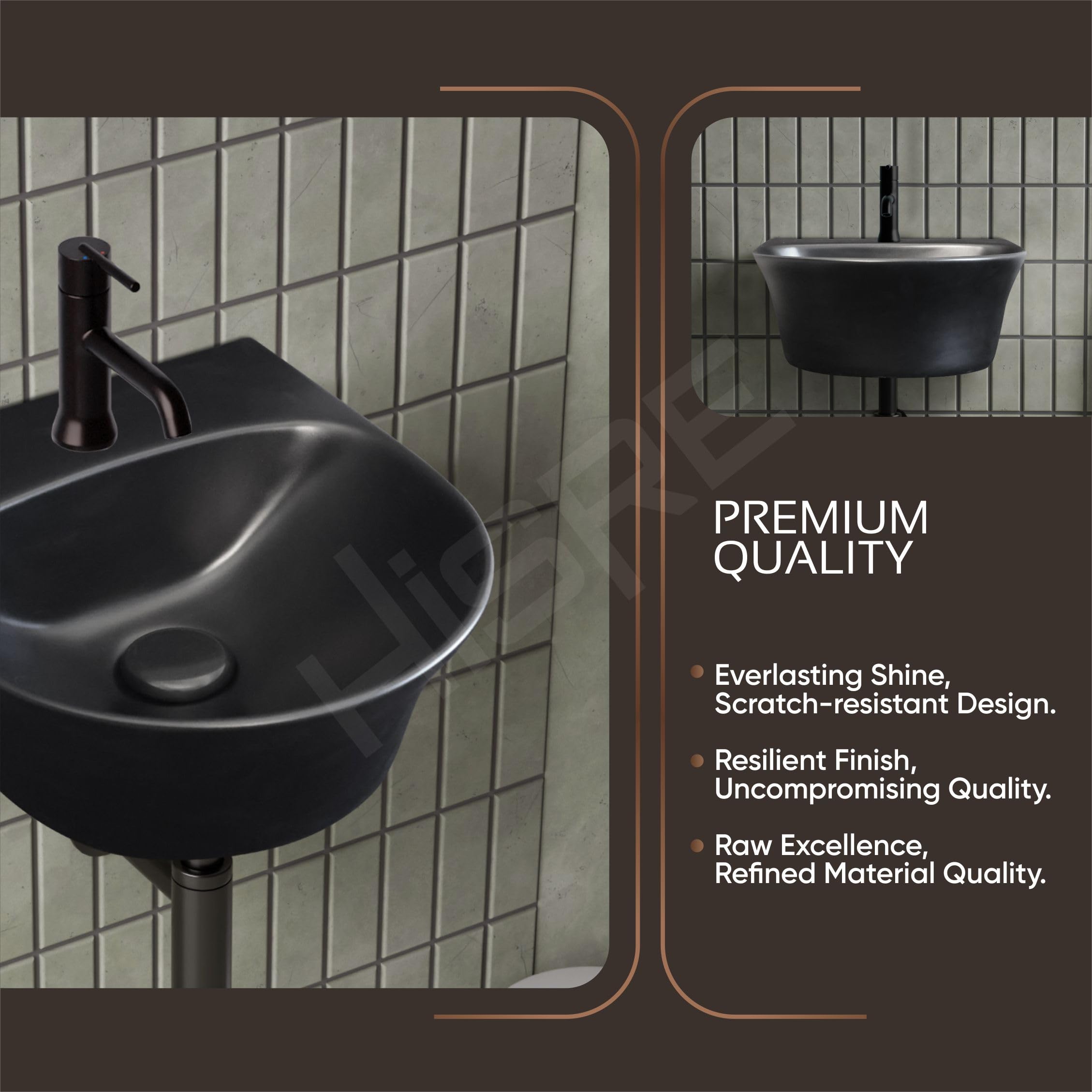 HISRE Wall Mount Wash Basin 13x14x5 Inch | Modern Black and Marble Design Ceramic Sink | Rectangular Bathroom Basin for Home, Office & Hotels, photo 4 of 5