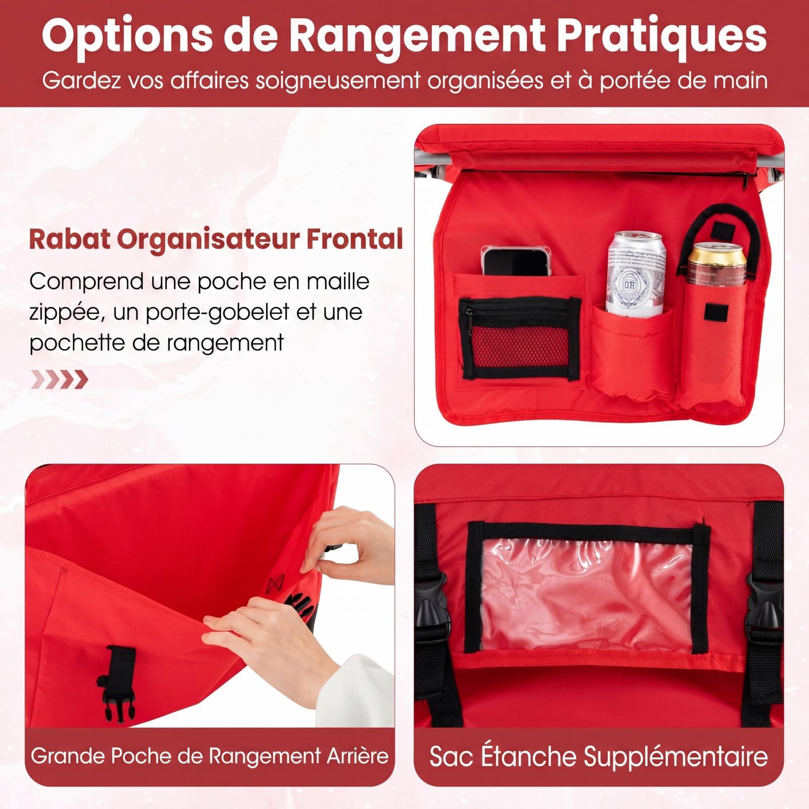 COSTWAY Siège de Stade Pliable, Chaise de Gradin Rembourrée avec Soutien Dorsal, Bandoulière, Poche Filet, Porte-Gobelet&Sac de Rangement, Chaise de Sol pour Yacht Match Sportif, Charge 102KG (Rouge)