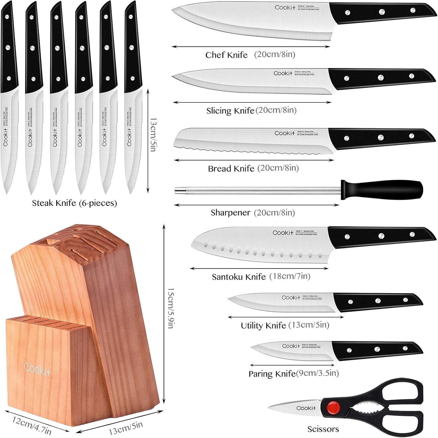 Knife Set with Block, Cookit 15 Pieces Kitchen Knife Set with Pine Block Holder, Knife Block Set with Sharpener, High Stainless Steel Knives with Comfortable-Grip ABS Handles