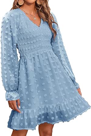 BTFBM Women Long Sleeve V Neck Smocked Short Dress Flowy Casual SwissDot Ruffle Mini Babydoll Summer Fall Dresses 2023