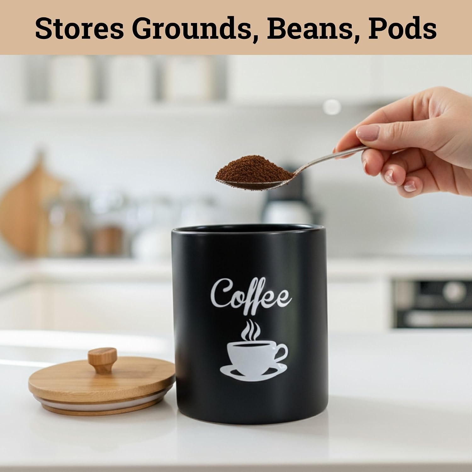 Ceramic Coffee Canister, 12oz, Airtight Rubber-Lined Bamboo Lid, 5"D x 6"H