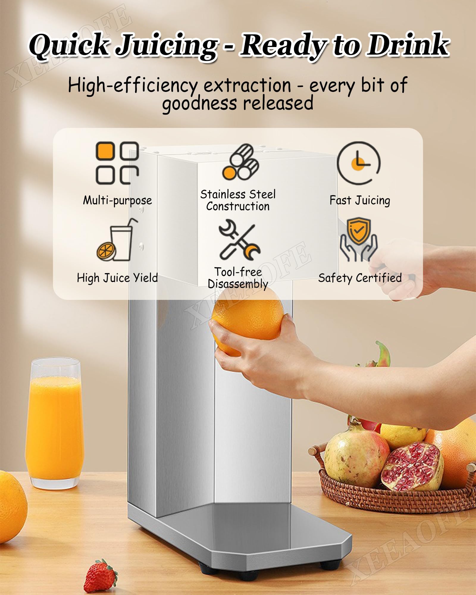 Exprimidor de Naranja Comercial Automático 200W, Exprimidor de Naranja Acero Inoxidable 18000 RPM, con 3 Cabezales de Cuchillas, Exprimidor de Cítricos Eléctrico Carcasa Acero Inoxidable