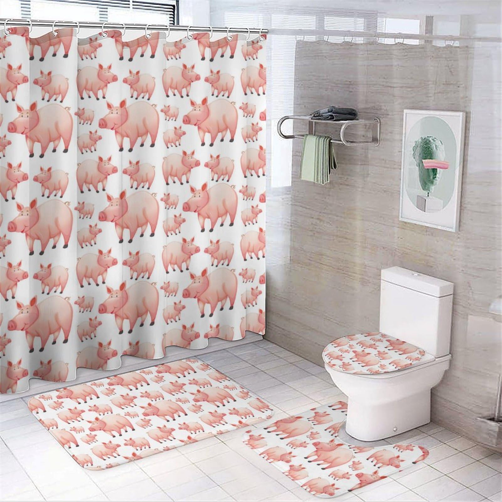 JZemdybill Bathroom Mat Set 4 Piece, Pink Cartoon Farm Pig Shower Curtain with Non-Slip Bath Mats for Bathroom