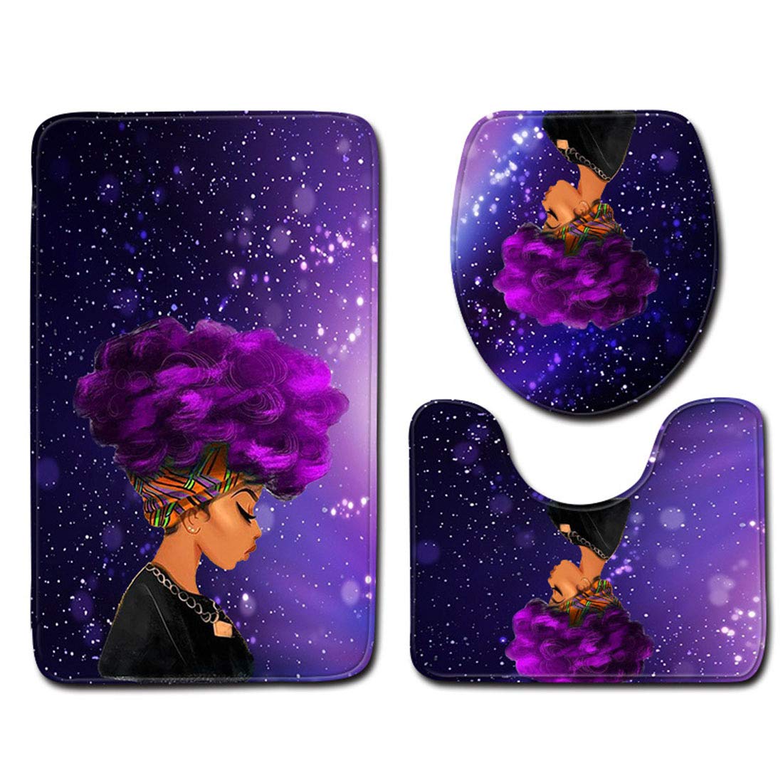 Verve Jelly 3 Piece Bath Mat Sets Non Slip,Soft Comfort Flannel Bathroom Mats,Anti-Skid Absorbent Toilet Seat Cover Bath Mat Lid Cover(African Woman Starry Sky)