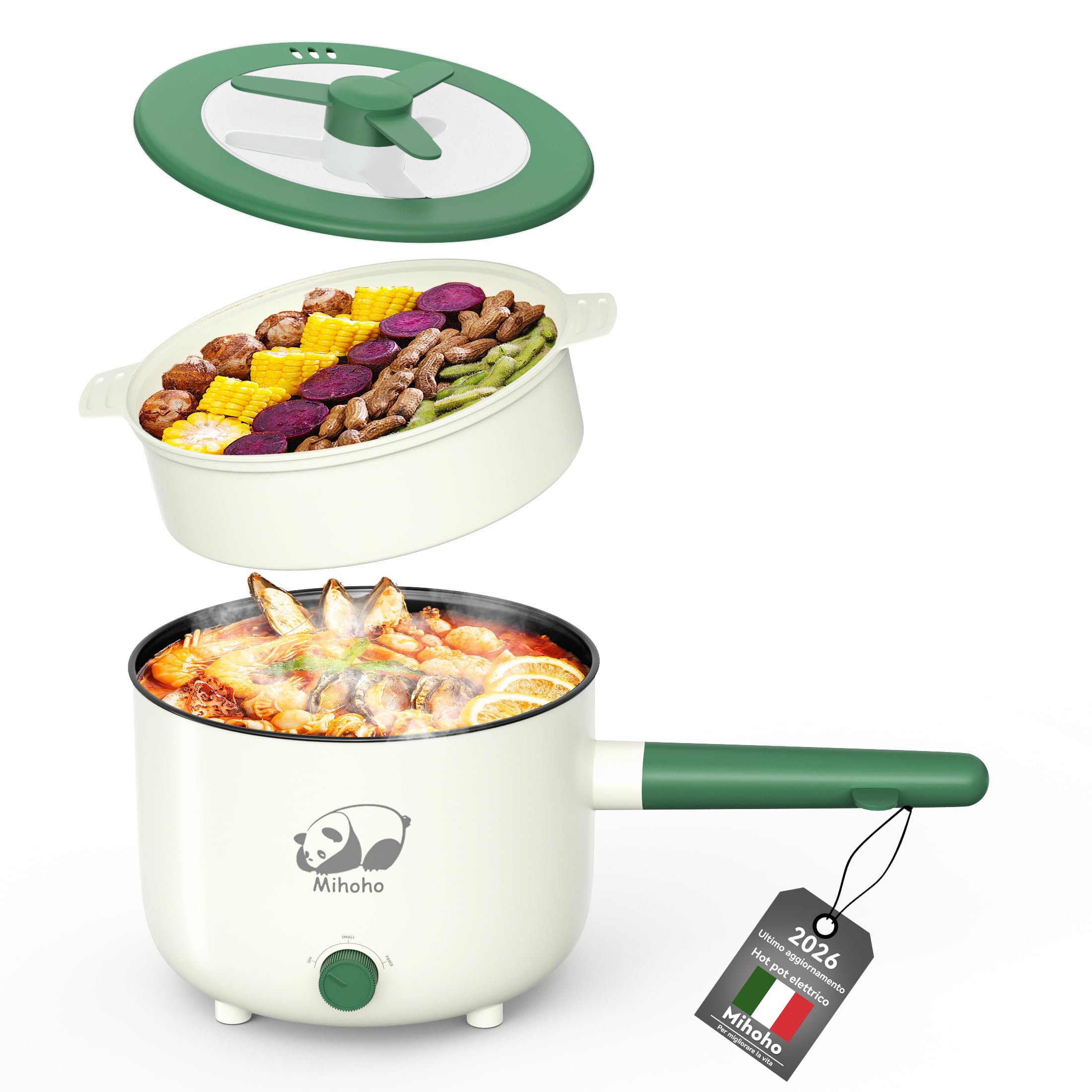 Pentola elettrica con vaporiera, padella antiaderente portatile con doppio controllo di potenza, cuocitore elettrico Shabu Shabu per noodle, farina d'avena, pasta, ramen, 1,5L (Verde K)