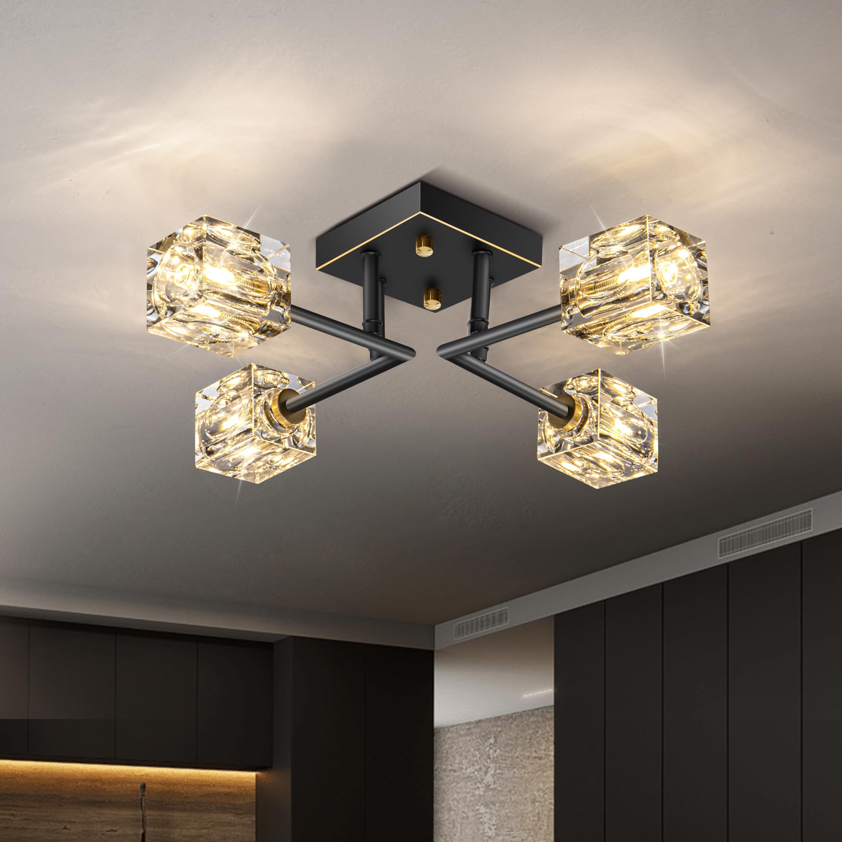 JUJUQI Modern Crystal Ceiling Light Black and Gold 4-Lights,Semi Flush Mount Sputnik Chandelier with Rectangular K9 Crystals for Hallway Corridor Bedroom — image 1