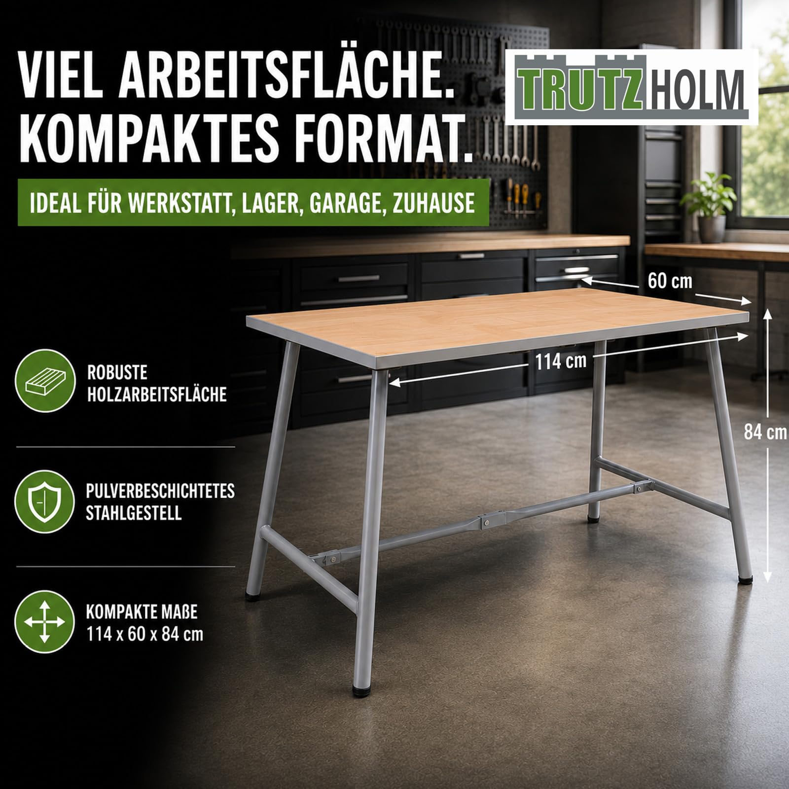TRUTZHOLM Werkbank klappbar 114x60x84 cm Stabiler Werktisch bis 150 kg pulverbeschichtetes Stahlgestell grau mit 2,4 cm Holzarbeitsplatte Klappwerkbank Arbeitstisch für Werkstatt Garage Montage Lager