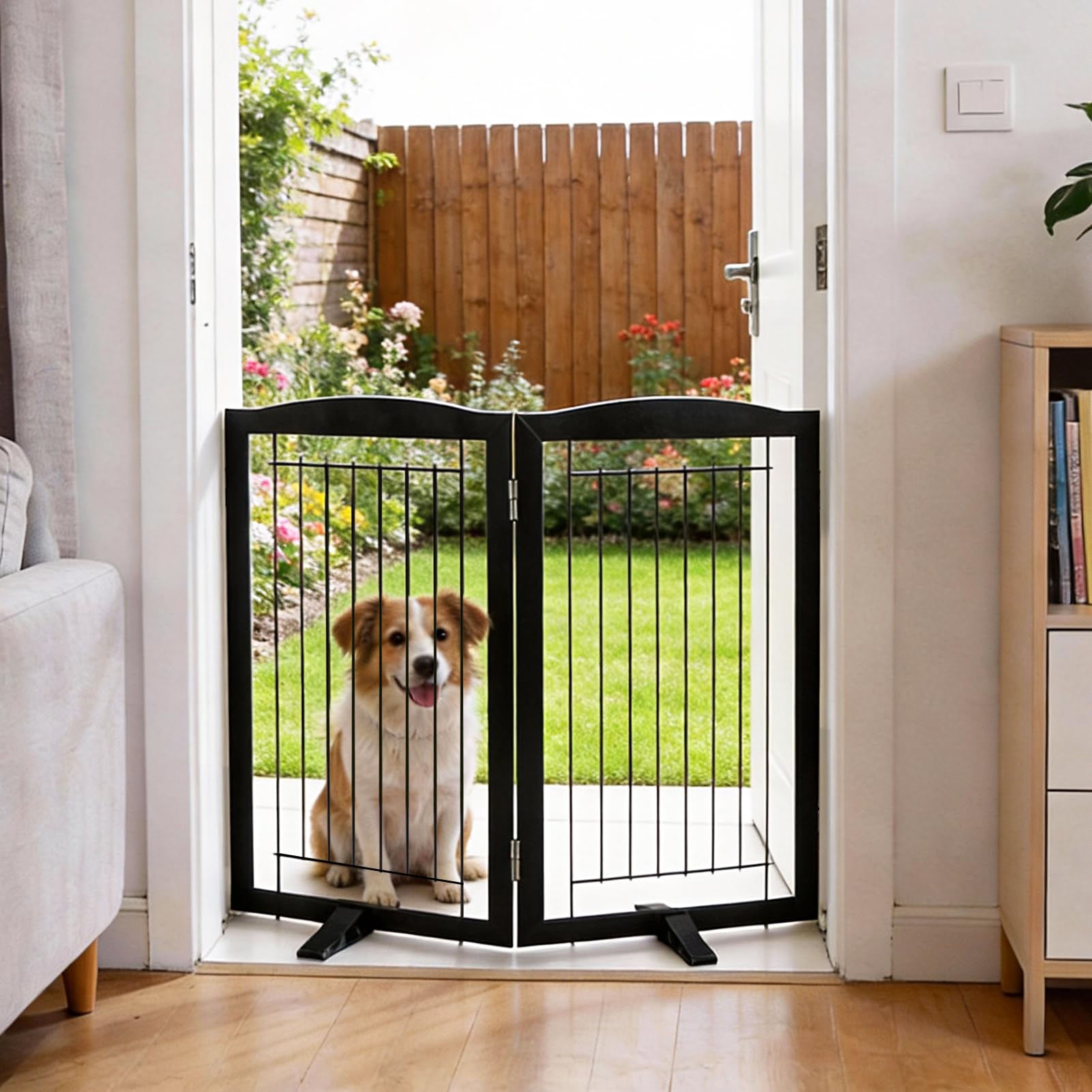 Dog Fence Indoor,Dog Gate Indoor for Doorway pet gate -2-Panel Freestanding, Hallways, House or Stairs -40x32-Inch Retractable Foldable Expandable Wood Pet by SFJC (Black) — image 1