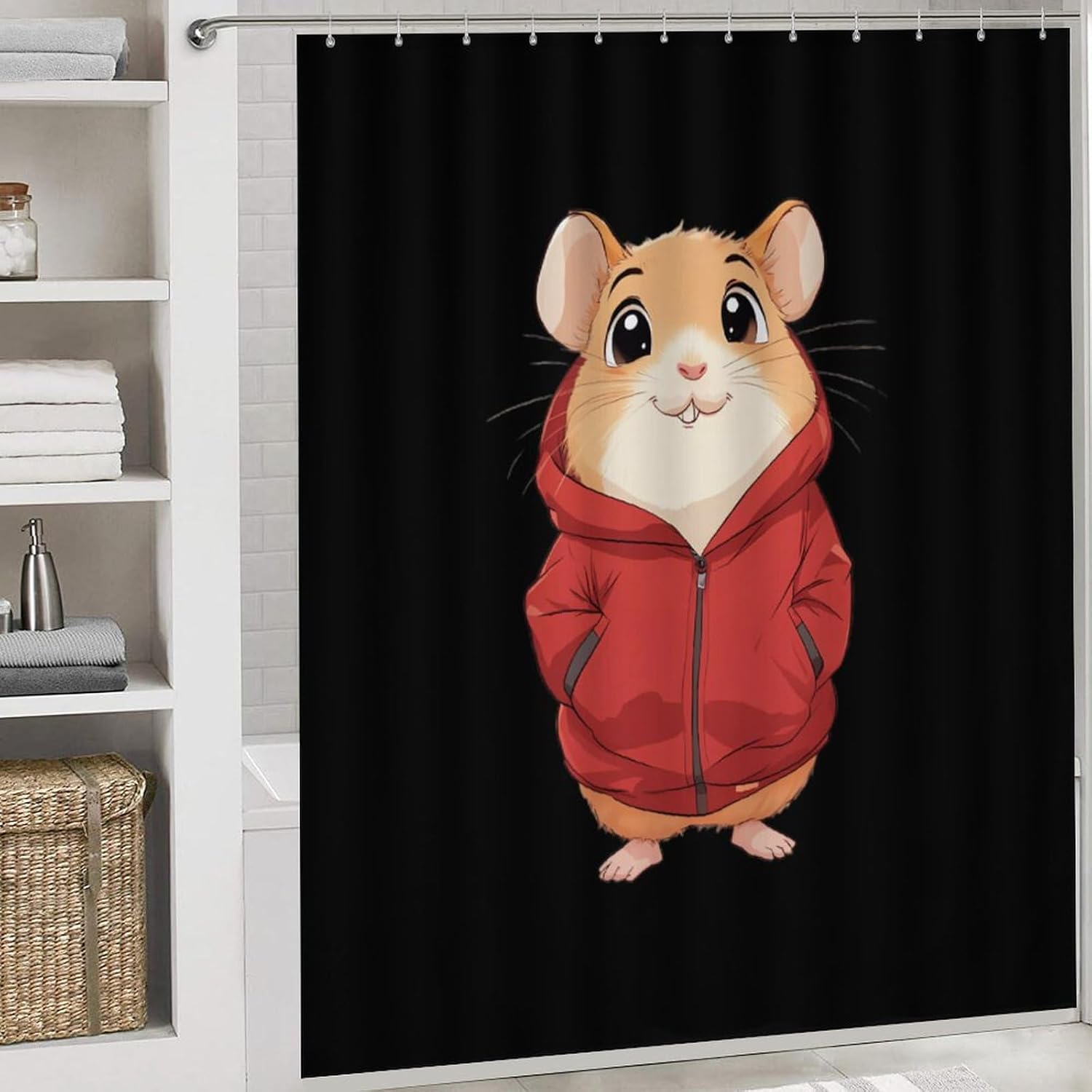 Hamster Wearing A Red Jacket Modern Bathroom Sets with Shower Curtain and Rugs Decor 4 Pcs with 12 Hooks