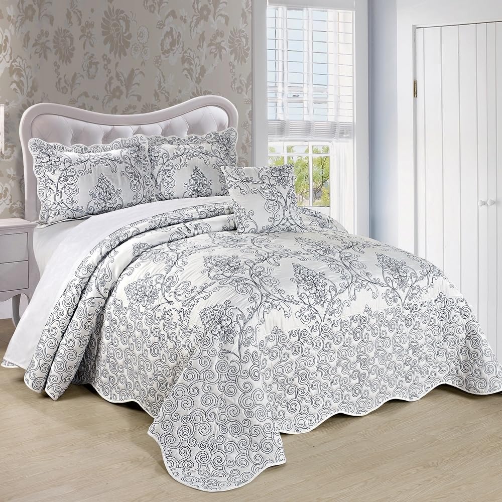 TRP French Country Style 4 Piece Pretty Embroidered Geometric Pattern Oversized Queen Bedspread | All Seasons Shabby Chic Bedding White Cream Gray Color Designer Aesthetic Look Soft Plush Cozy Feel