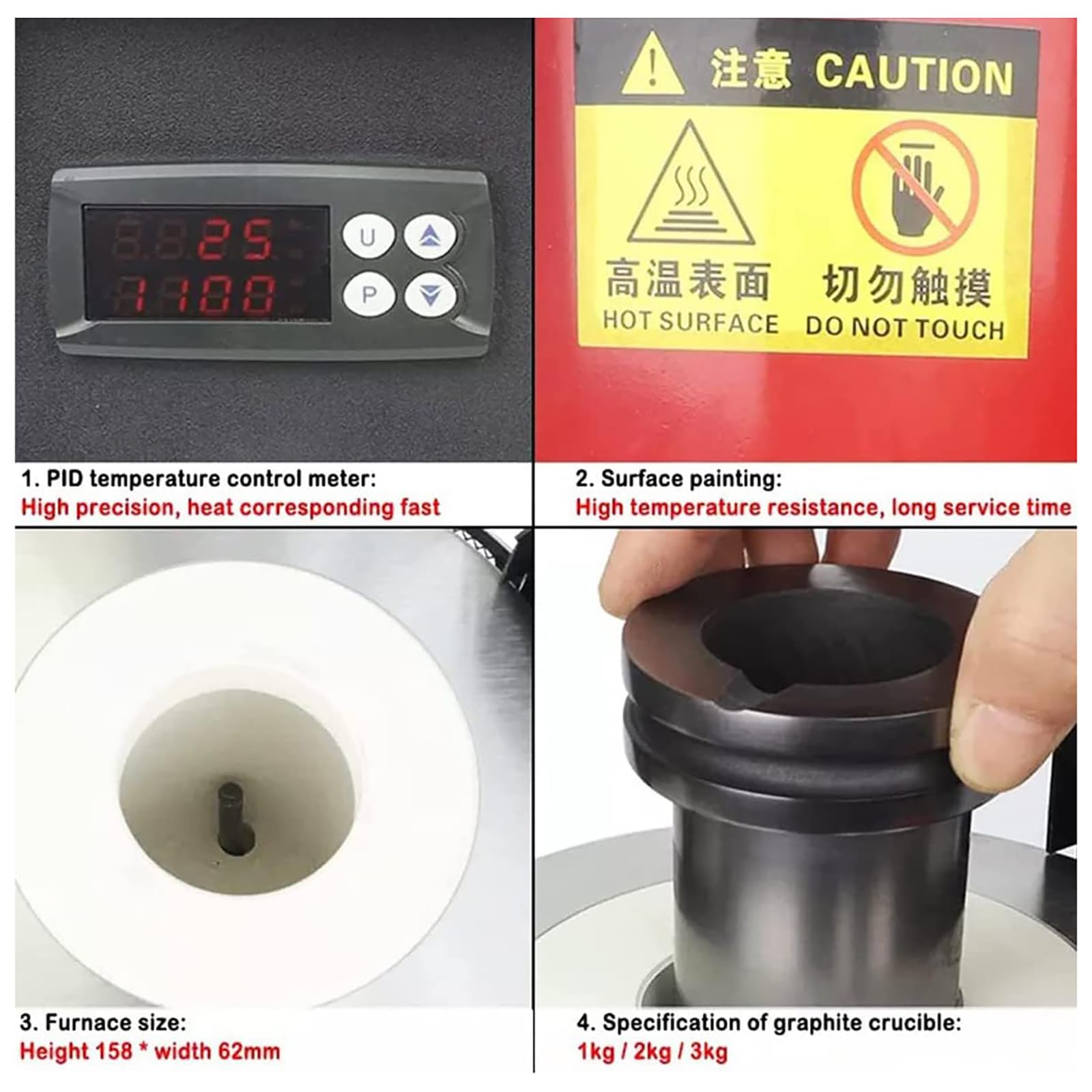 Elektryczny piec do topienia, cyfrowa maszyna do wytapiania złota z tyglem grafitowym, regulacja temperatury PID, maksymalna temperatura 1150℃ do topienia złota, srebra, miedzi