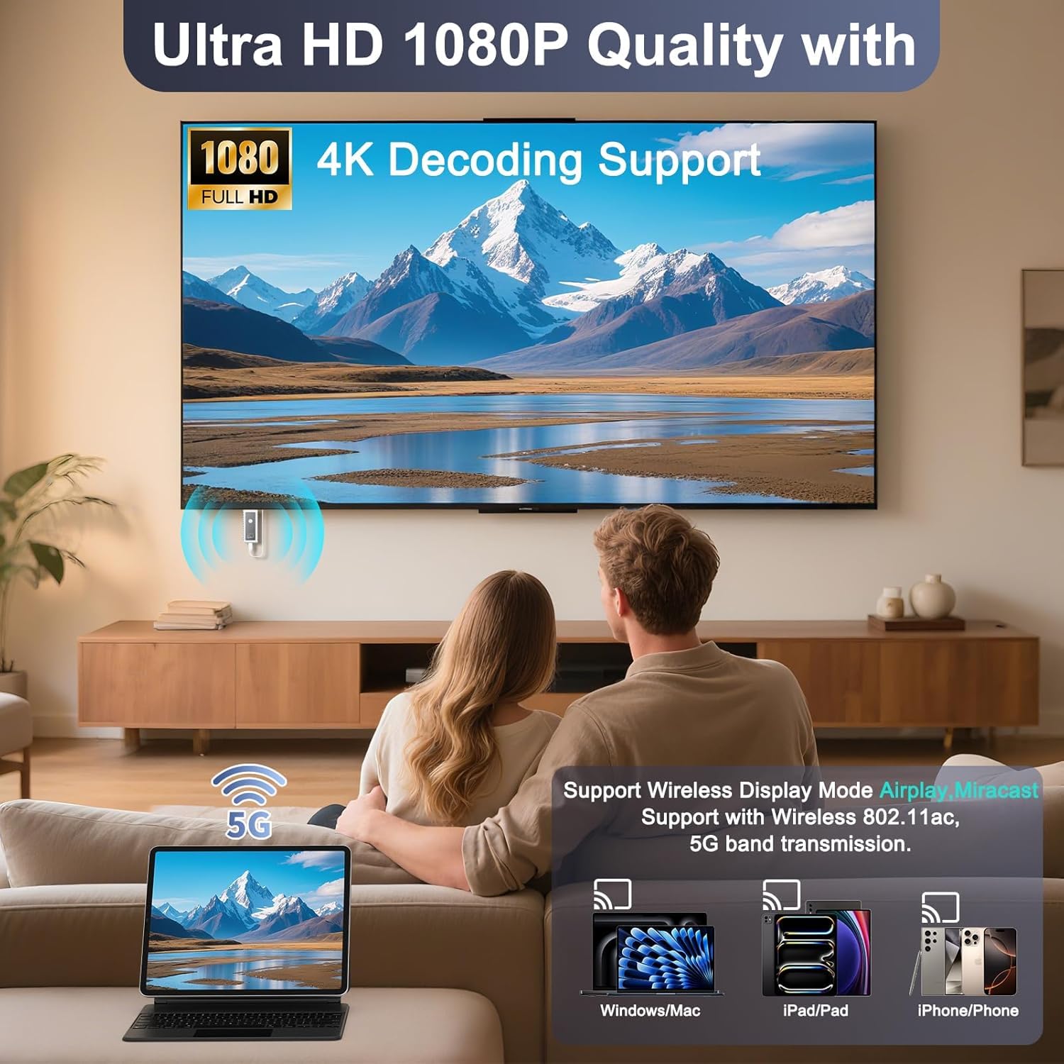 Quanlex 1080P Wireless HDMI Display Adapter, 2.4G & 5G Wireless HDMI Screen Mirroring Adapter Extender de Smartphone/Laptop vers HDTV/Monitor/Projector, WiFi Display Dongle Support AirPlay/Miracast
