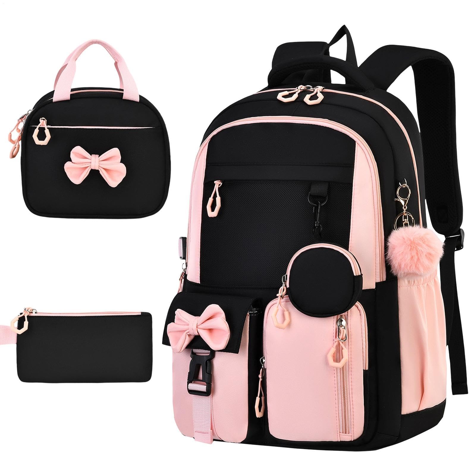 Mädchenschulrucksäcke 3-teilig, Niedliche Schleife, Viel Stauraum, Lunchbox | Leichter Schülerrucksack für Wasserflasche, Schulbücher, Wochenendausflüge, Reisen und
