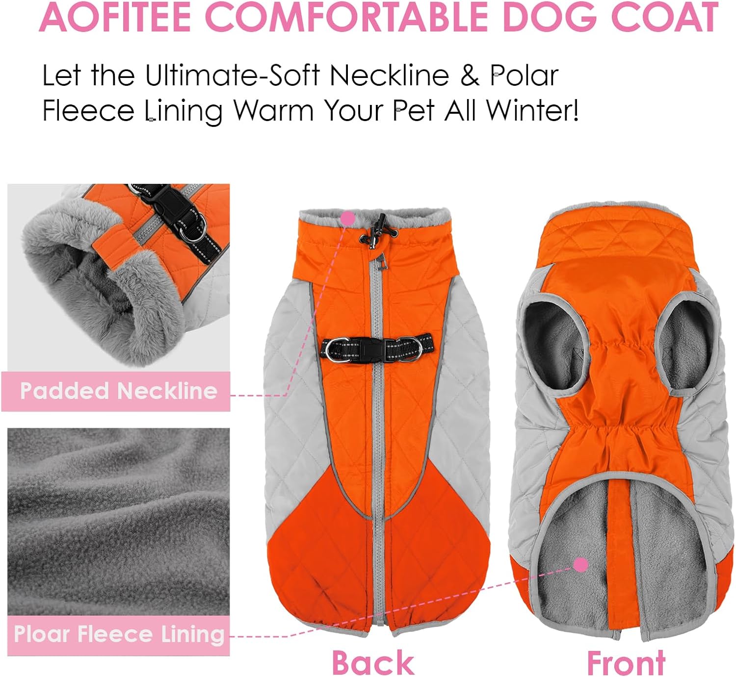 AOFITEE Dog Coat, Dog Winter Jacket, Reflective Dogs Jacket with Harness Built in and Fleece Lined, Waterproof Pet Winter Jacket Puffer Jacket for Small Medium Large Dogs, Orange XL