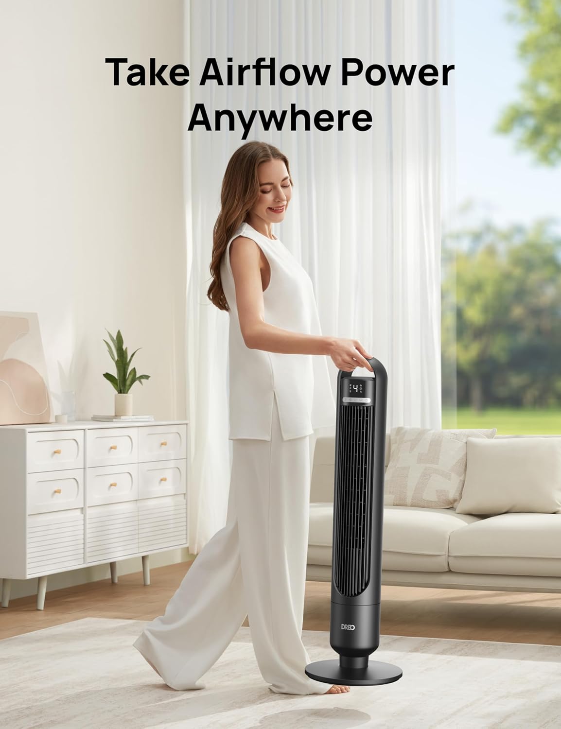 DREO Smart Tower Fan for Bedroom, 90° Oscillating Standing Fans for Room with 4 Speeds, 4 Modes, 28dB Quiet for Sleep, 26ft/s Velocity, 8H Timer, Remote/App/Voice Control for Living Room, Office, Home