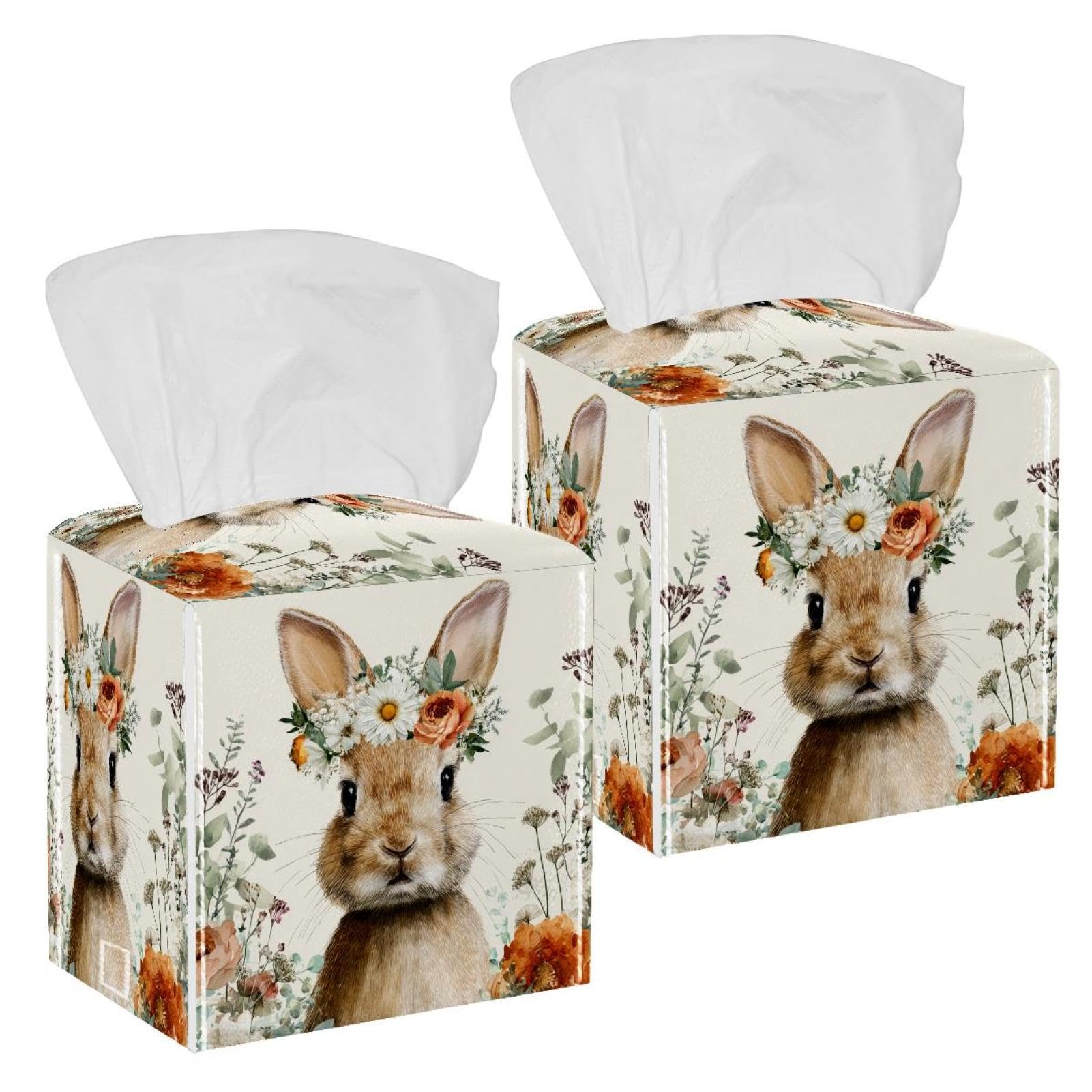 Rabbit Tissue Box Cover, 2 Pack PU Leather Square Facial Tissue Dispenser Box holder for Home Office Car