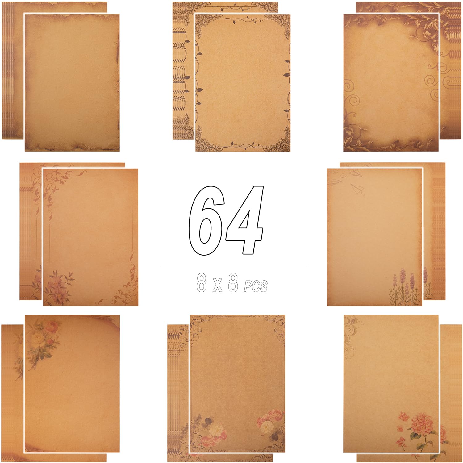 64 piezas de papel de papelería de 8 estilos, 5.7 x 8.3 pulgadas, tamaño A5, impresión floral vintage, retro, papel de escritura en blanco para cartas personalizadas antiguas, notas y poemas