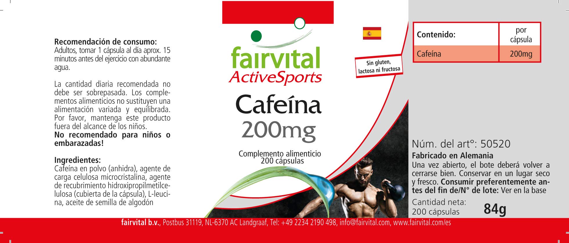 fairvital Capsule di caffeina, 200 capsule ad alto dosaggio da 200 mg ciascuna, facili da deglutire, VEGANE