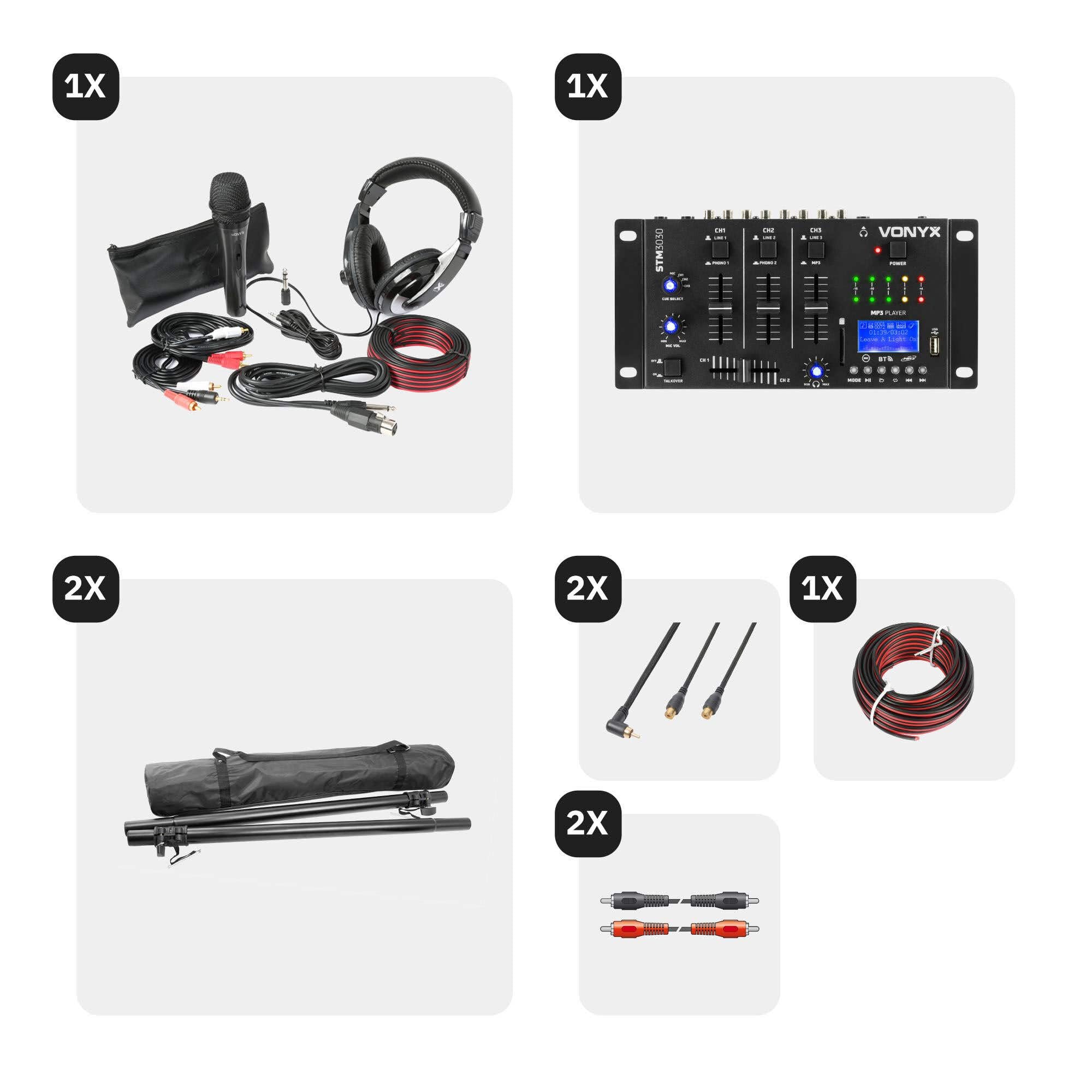 MAX-1215 - DJ Boxen Komplett Set Anfänger - 2200 Watt Peak - 2.2 DJ-Set - 2X Subwoofer, 2X Topteile, 2X Verstärker für Subs und Topteile, Tripod Stative, Kopfhörer, Mikrofon und DJ Mischpult