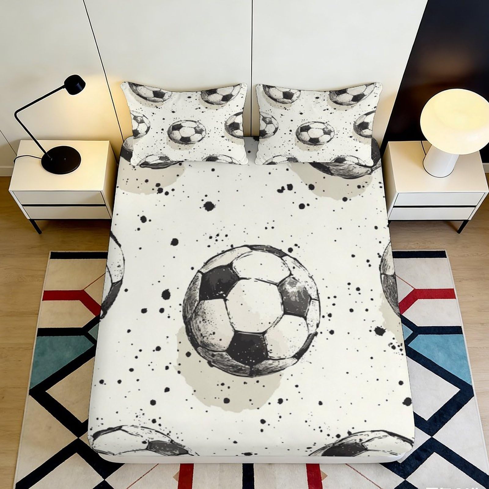 Pnayamiorkfel Style-9 3D Printed Soccer Ball Fitted Sheet Microfiber Soft Anti-Slip Black White Paint Splash Bed Sheet For Bedroom Guest Room Decor 90X200x25cm