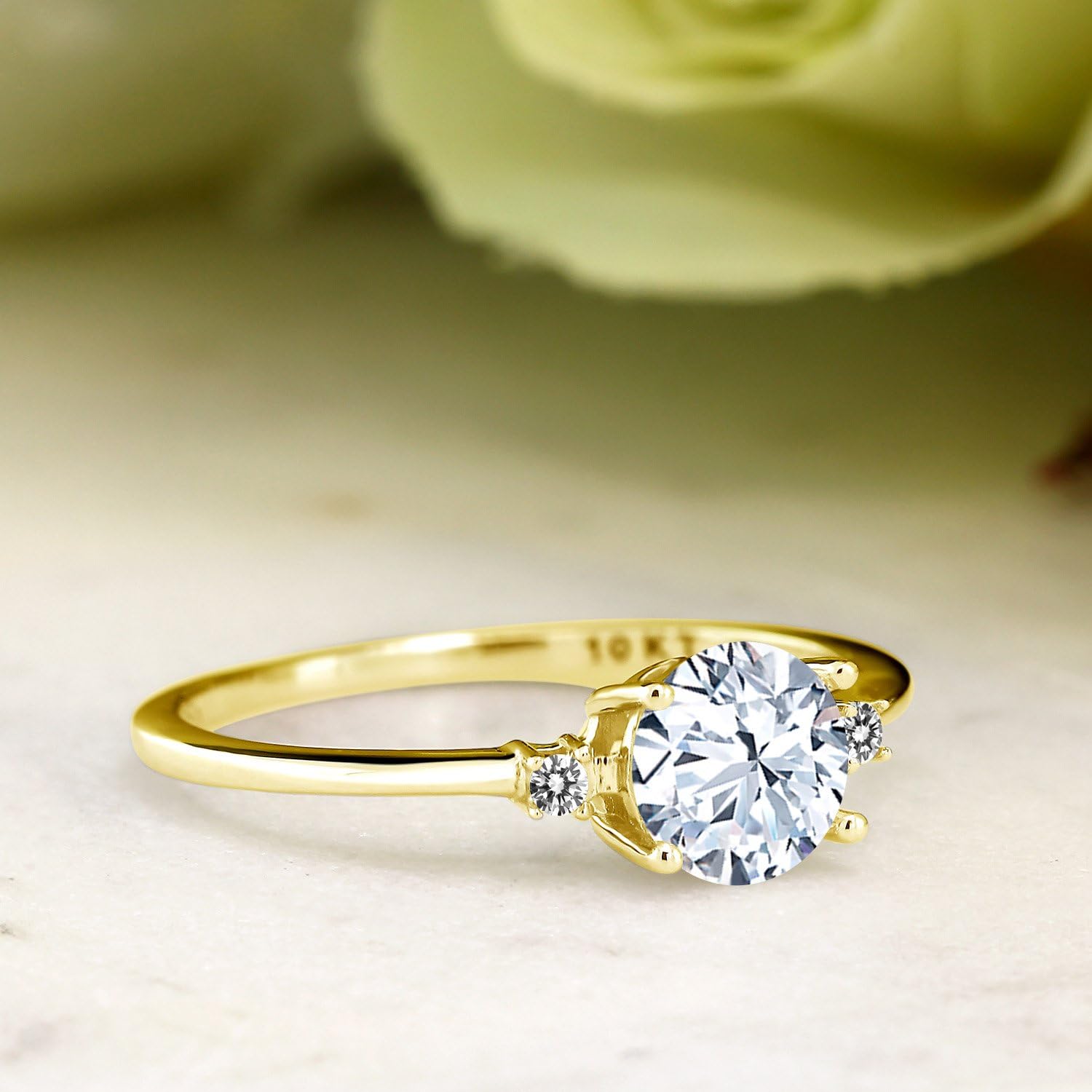 Gem Stone King 10K Yellow Gold White Created Sapphire and White Diamond Solitaire Engagement Ring For Women (1.23 Cttw, Round 6MM, Gemstone September Birthstone)