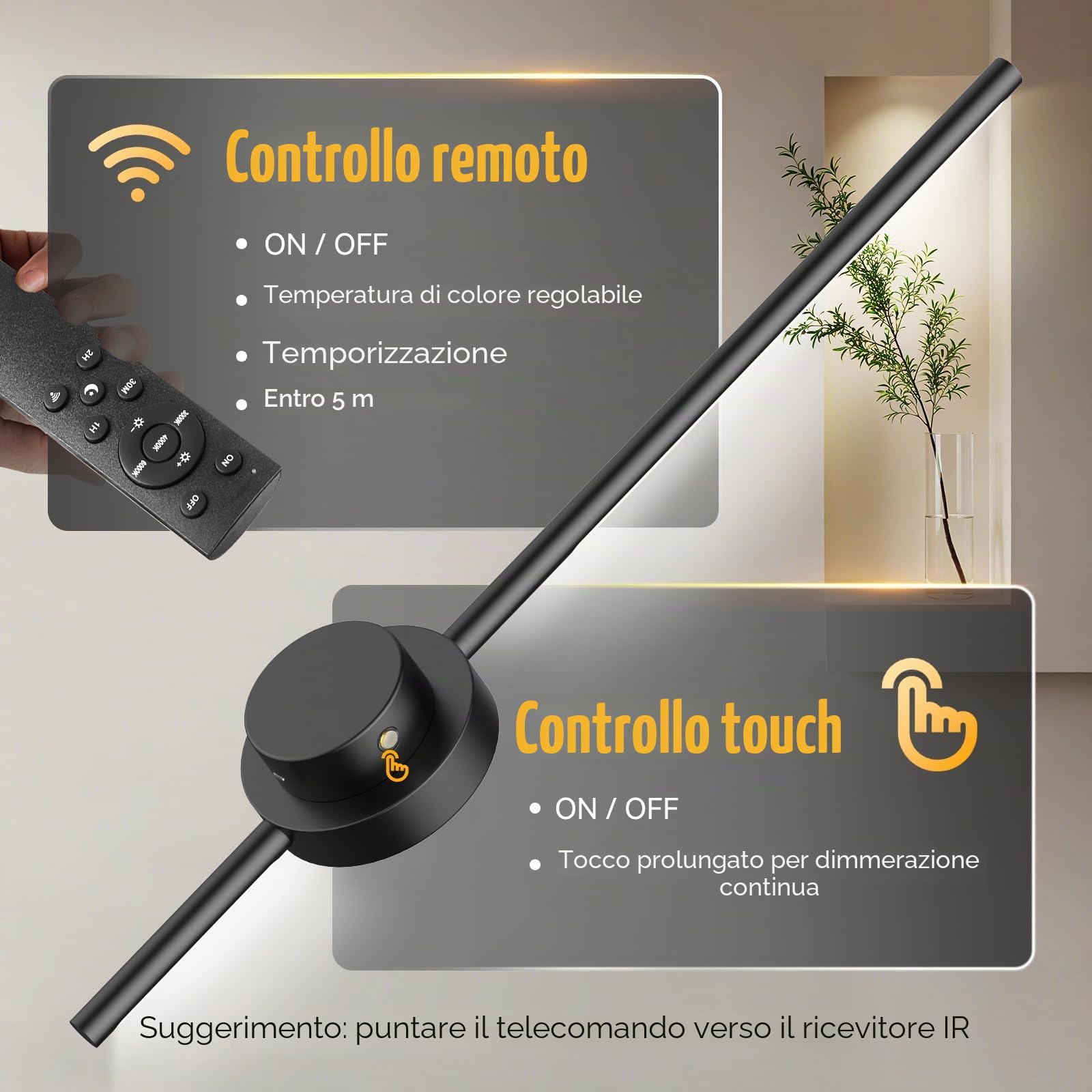 Applique da Parete Interno da 70 cm, Moderna Luci Led Camera da Letto da 8W 30LM, Applique da Parete in Alluminio 3000K/4500K/6000K, Soggiorno, Cucina, Corridoio, Nero (2 Pezzi)