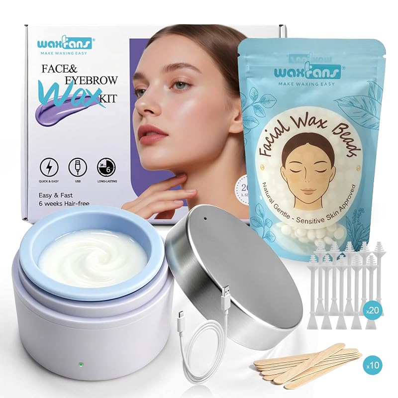 waxfans Kit de depilação facial com cera e mini aquecedor USB, 100 g, prata