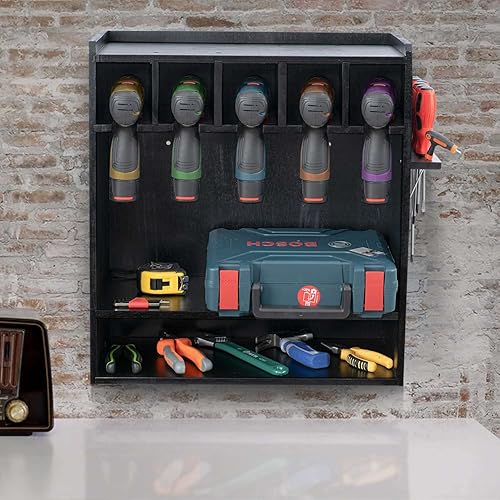 Mayyol Power Tool Organizer Storage - Large Drill Storage Rack Holder, Wall Mount Drill Charging Station with 5 Drill Holder, Wood Hanging Garage Organization for Workshop, Workbench, Black