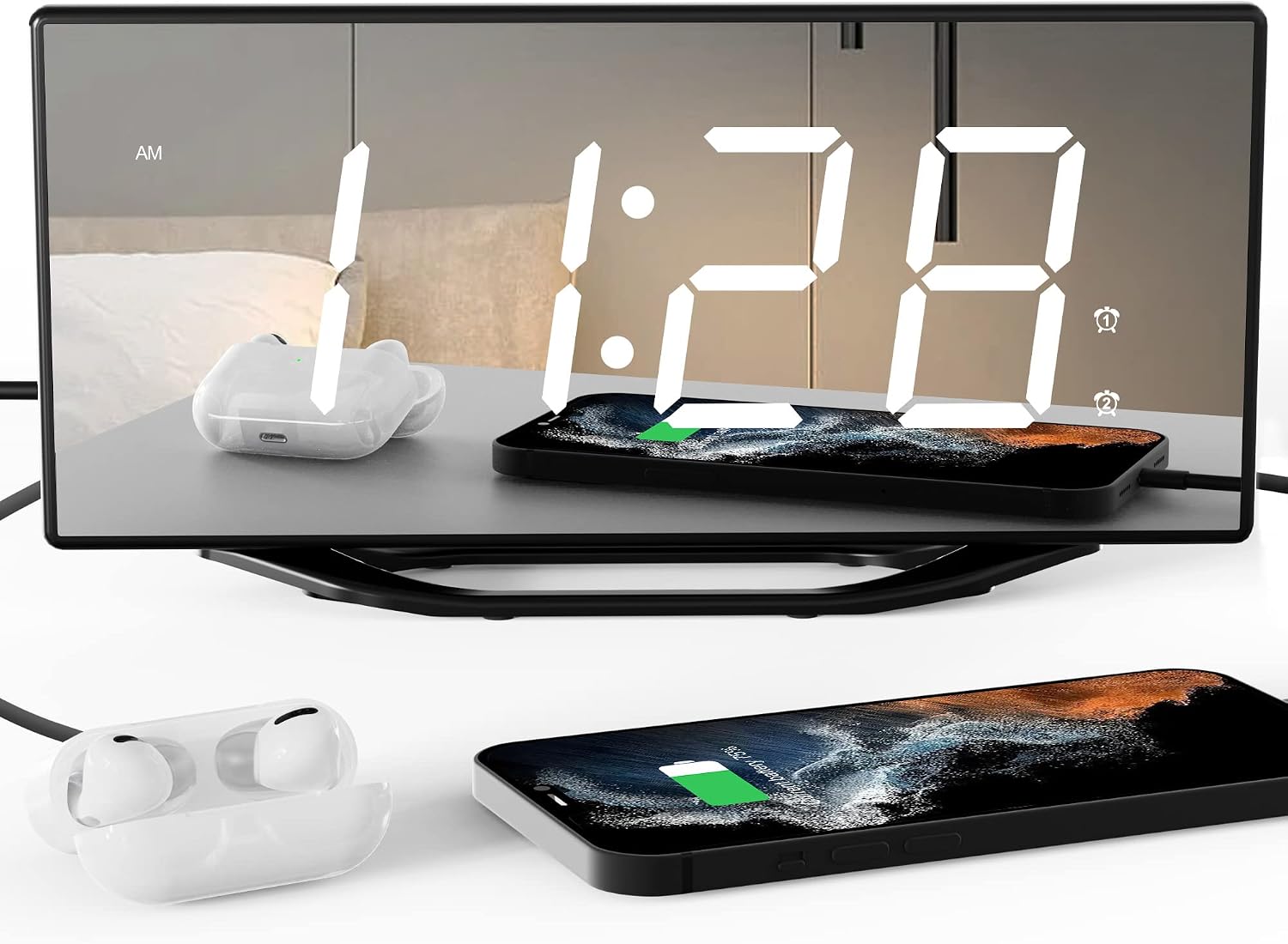 Digital Clocks for Bedrooms with 8.7'' Large Display,LED Mirror Alarm Clock for Heavy Sleepers Adults,Dual USB Ports & Dual Alarms, Battery Backup, Larger Snooze Button , 7-Level Volume & Brightness