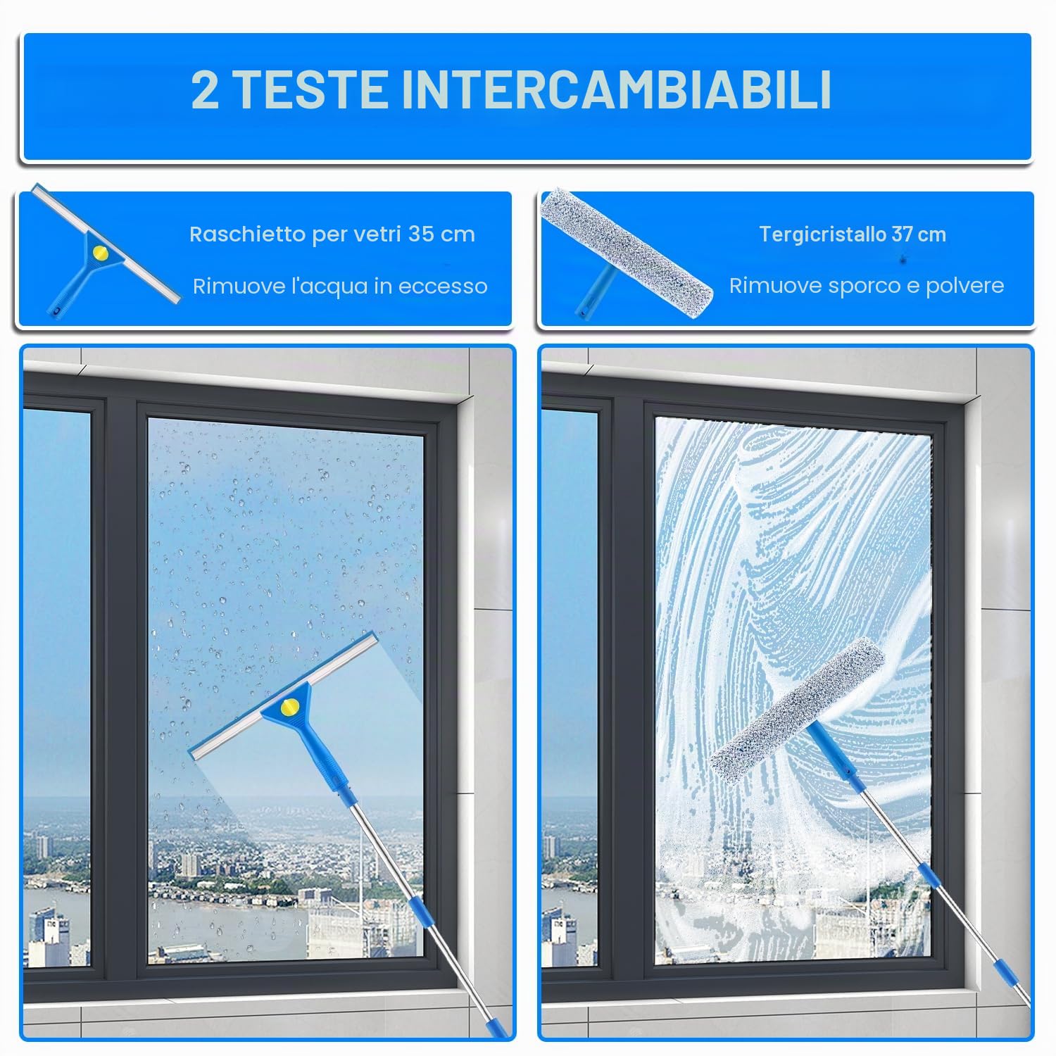 Lavavetri Con Manico Telescopico (215cm), 2 in 1 Con Tergivetro in Silicone + Lavavetri in Microfibra, Strumenti per la Pulizia dei Vetri per Bagno, Doccia, Specchi, Auto, Vetro, Finestre