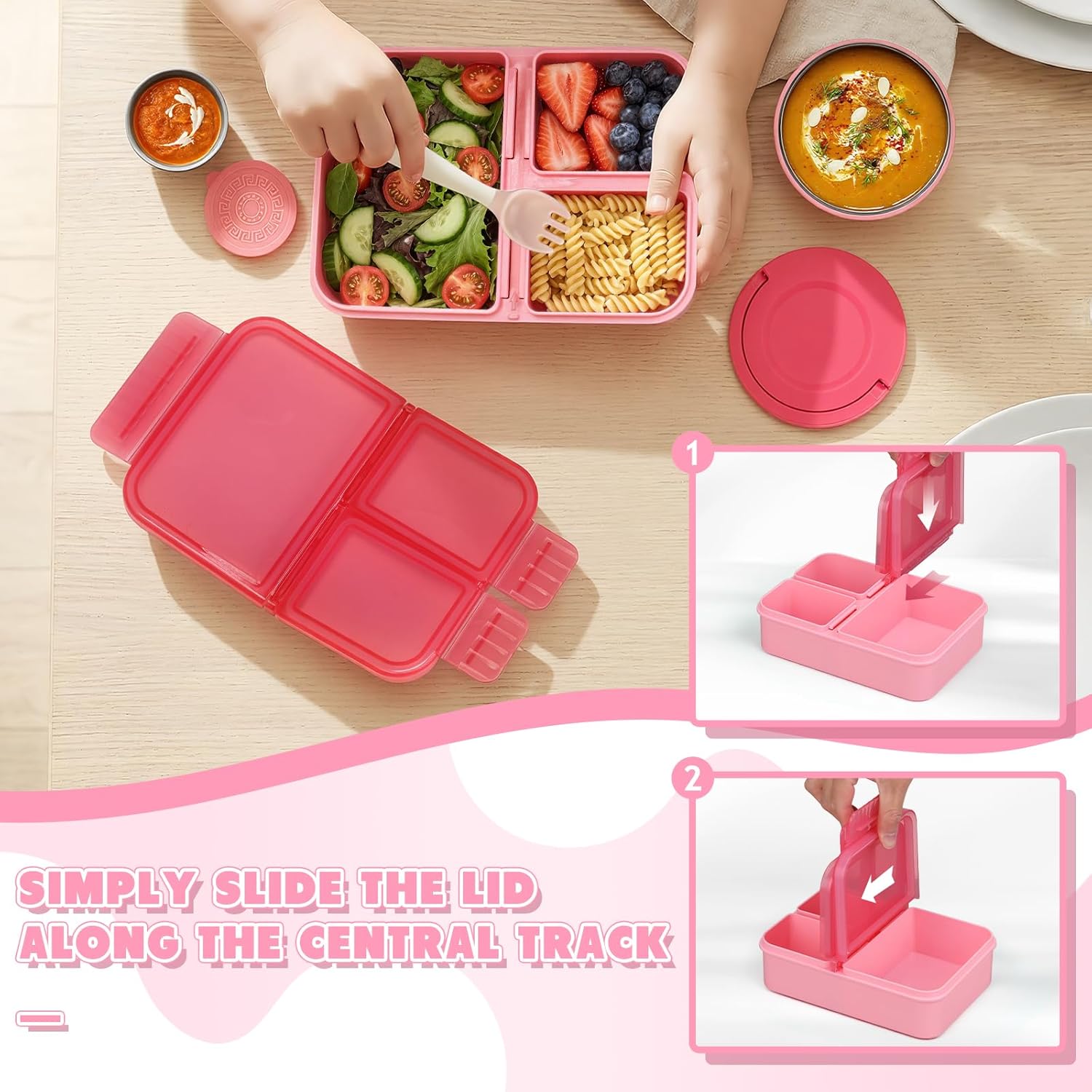 Snack Box Container Set with 10.5oz Soup Thermo for Kids Adults Lunch Box with 3 Compartents Toddler Leak Proof Portable Bento Box with Bag for Office,School,Travel,Outdoor - Pink
