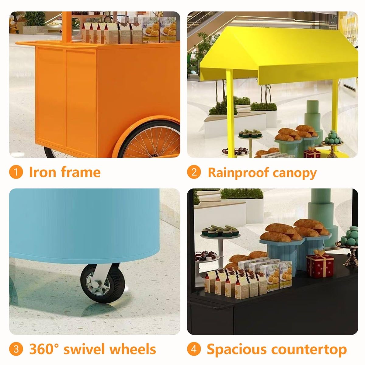 Carro de Venta Ambulante de Hierro con Toldo, Carrito para Comida y Eventos | Black