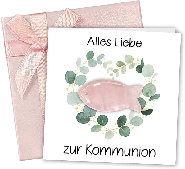 Kommunion Geschenke für Mädchen – Kleine Erstkommunion Geschenke & Kommunionsgeschenk Mädchen mit Fisch Edelstein Glücksbringer aus Rosenquarz, Karte & Rosa Geschenkbox - 1