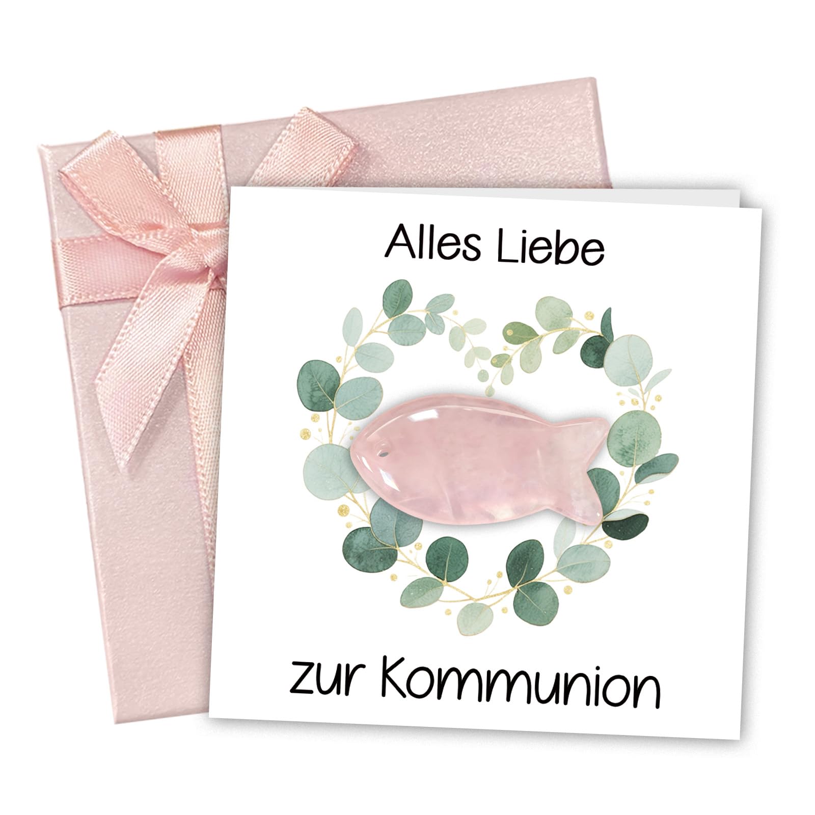 Kommunion Geschenke für Mädchen – Kleine Erstkommunion Geschenke & Kommunionsgeschenk Mädchen mit Fisch Edelstein Glücksbringer aus Rosenquarz, Karte & Rosa Geschenkbox