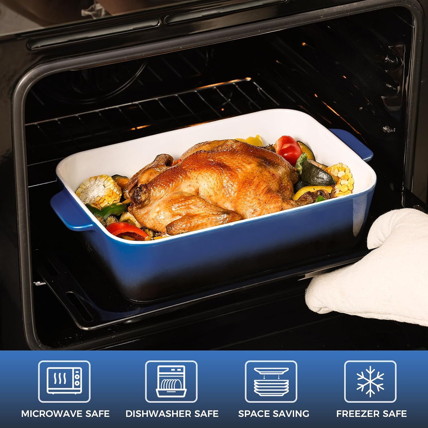 Ceramic Casserole Dish Set, Rectangular Baking Pans for Oven, Blue | 3 Sizes, Deep Design, Lasagna Pan, Roasting Dish, Easy Clean, Holiday Gift, DailyCooking